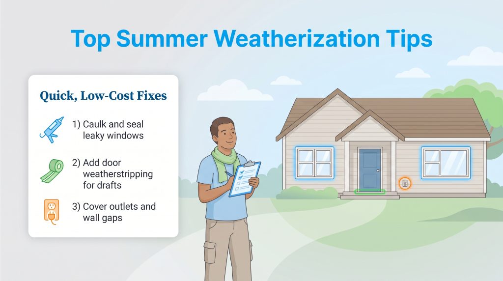 Graphic showing three quick summer weatherization fixes for windows, doors, and outlets