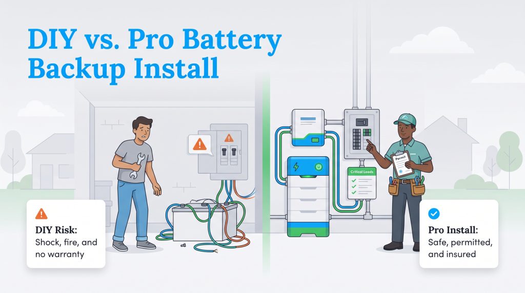 Comparison of risky DIY battery backup installation with safe professional electrician setup