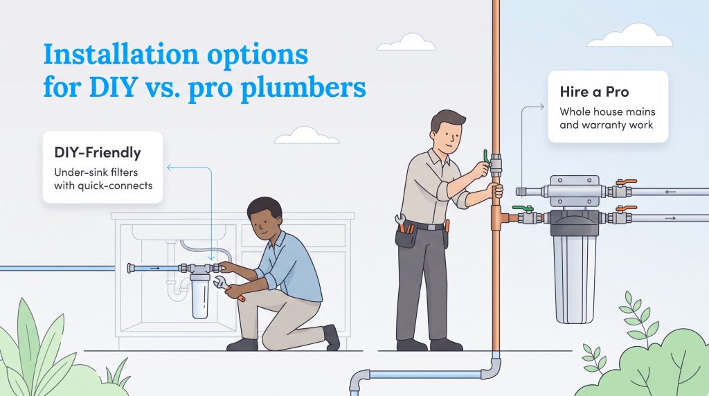 Illustration comparing DIY under-sink filter setup and professional whole-house installation.