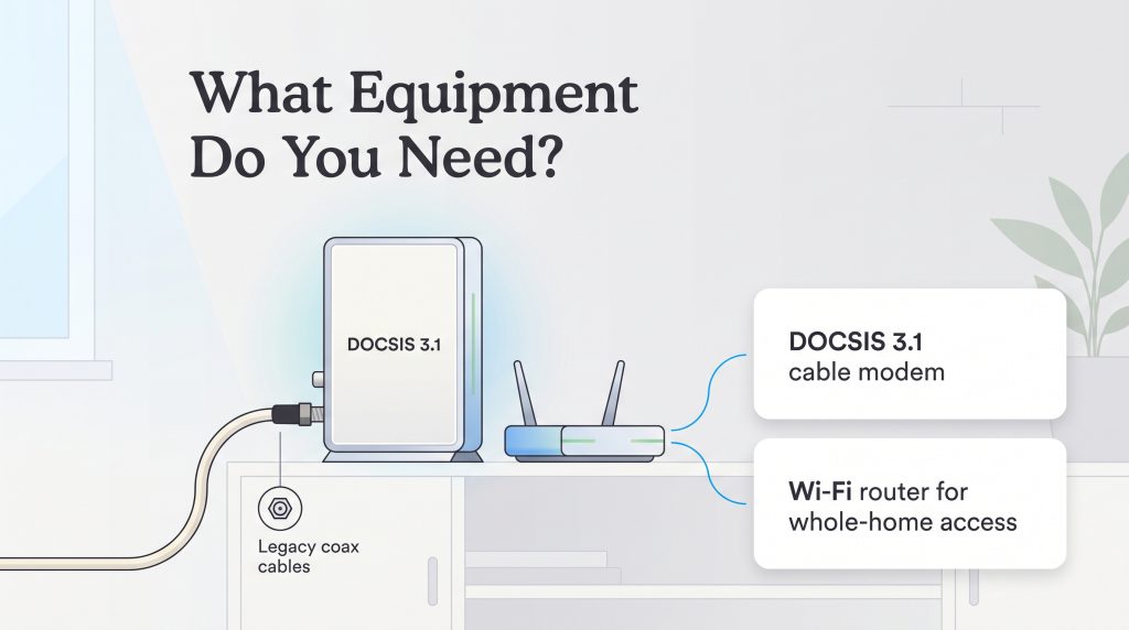 Illustration of a DOCSIS 3.1 modem connected to a coax cable next to a Wi-Fi router