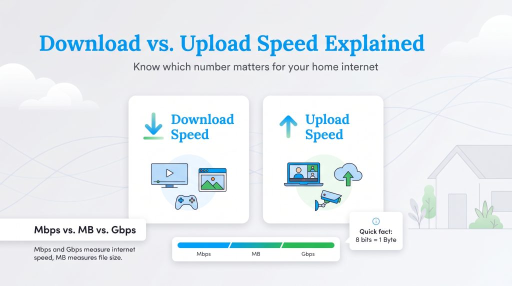 An infographic explaining download versus upload speeds and internet connection metrics