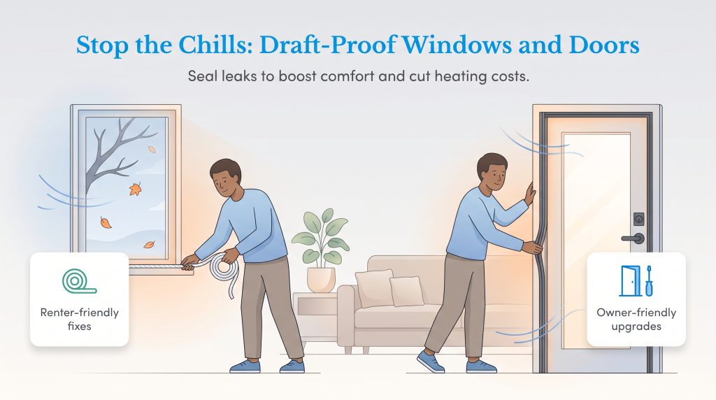 Illustration of a man sealing a window and another sealing a door to prevent cold drafts.