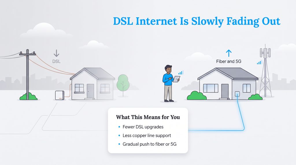 Illustration showing the transition from old copper wire DSL to modern fiber and 5G internet