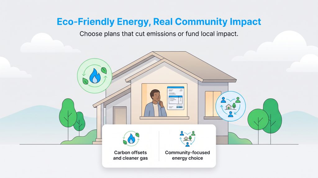 Illustration of choosing carbon offset energy or community-focused plans.