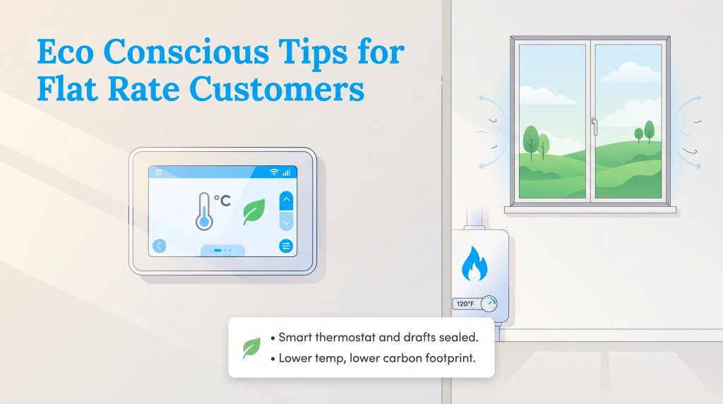 Illustration of a smart thermostat, sealed window draft, and water heater set to 120 degrees.