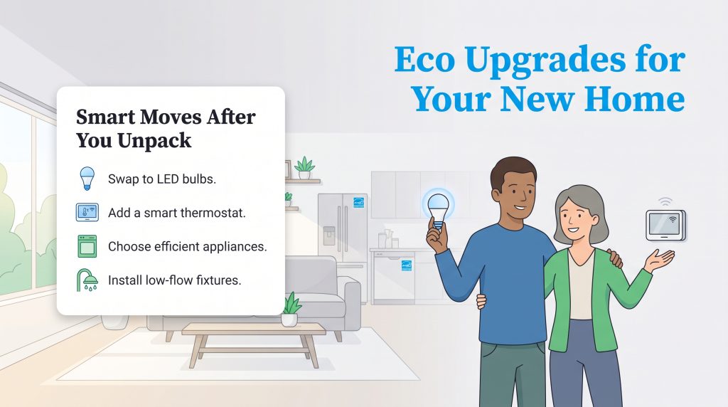 A couple shows eco-friendly home upgrades like LED bulbs and a smart thermostat.