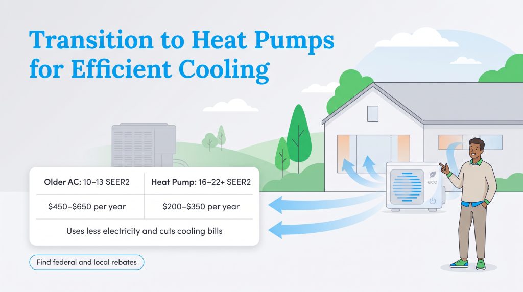 Comparison showing heat pumps are more efficient and cost less to run than older AC units