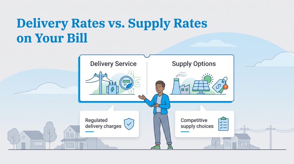 Diagram comparing regulated electric delivery service and competitive energy supply options.