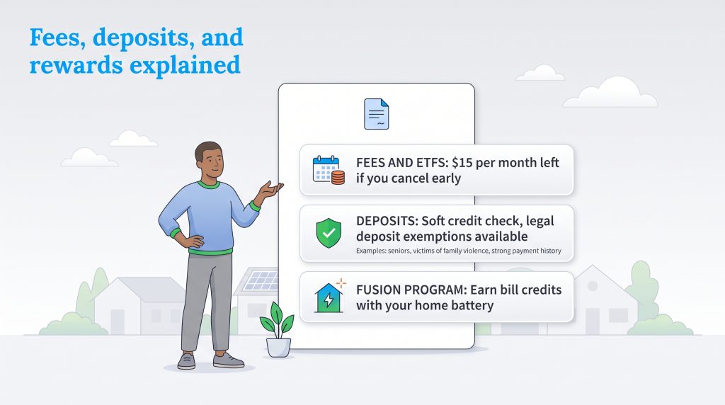 Graphic explaining electricity provider fees, deposit rules, and the Fusion Program.