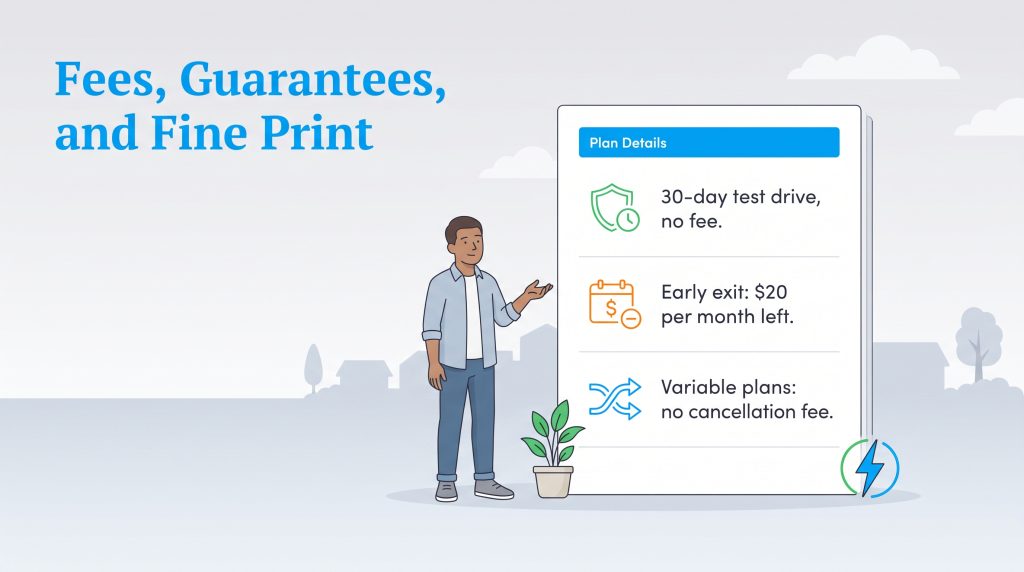 Man presenting electricity plan details about test drives, exit fees, and variable plans
