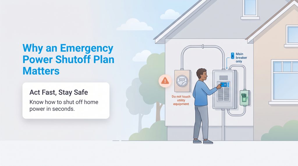 An illustration of a person safely switching off a home main breaker on an outdoor panel