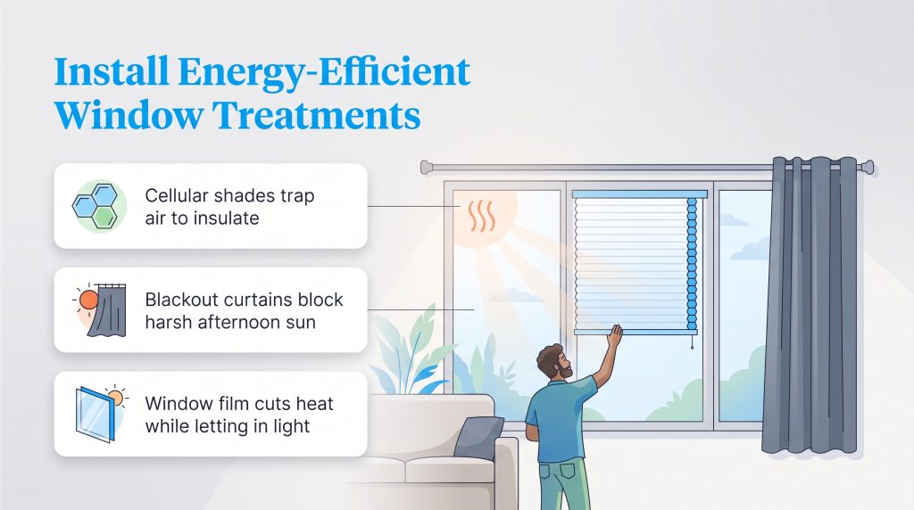 Infographic showing cellular shades, blackout curtains, and window film for energy efficiency.