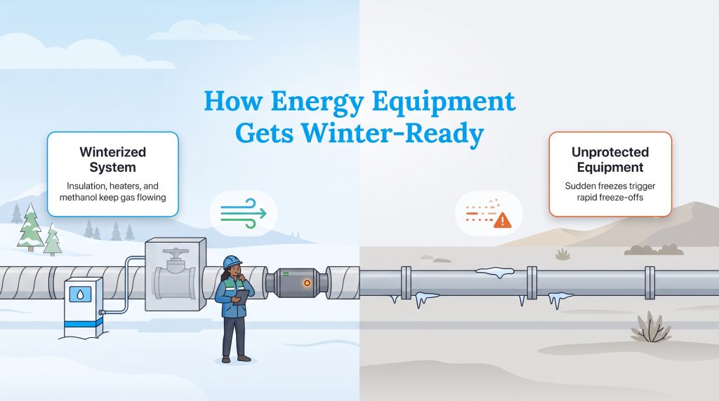 Comparison showing a winterized gas pipeline with insulation versus an unprotected freezing pipe