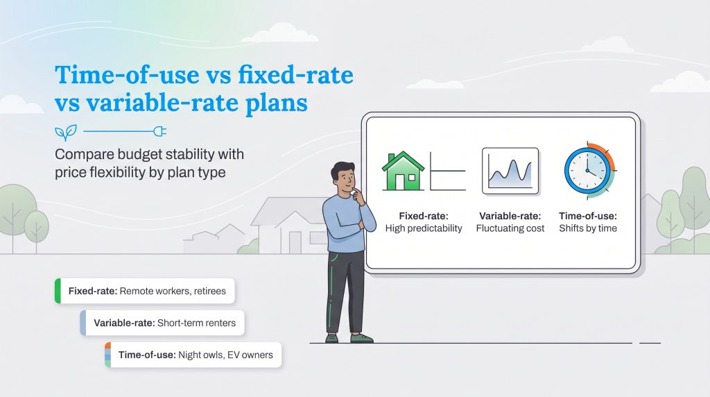Illustration comparing fixed-rate, variable-rate, and time-of-use energy plans