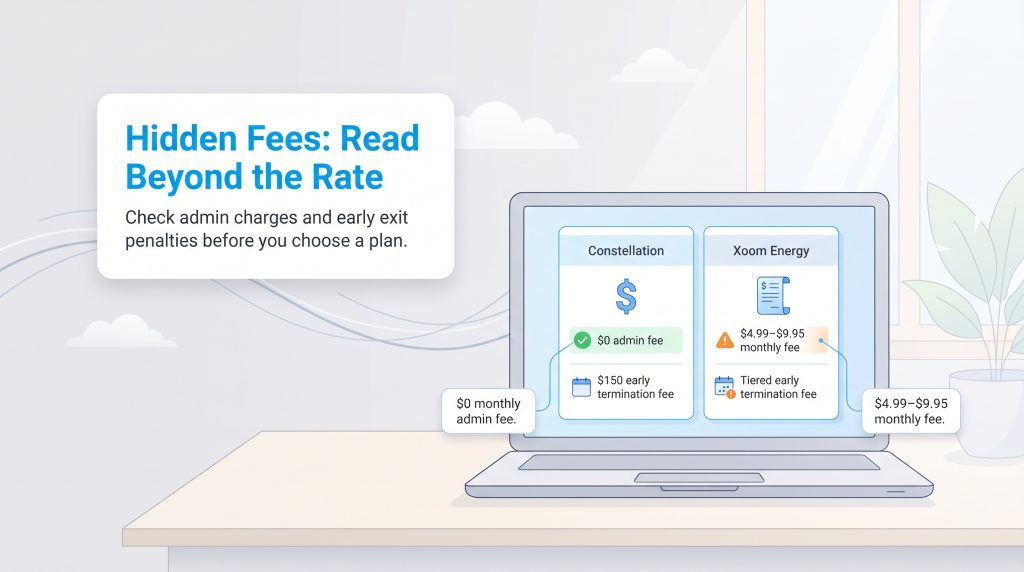Comparison of monthly admin and early termination fees for Constellation and Xoom Energy