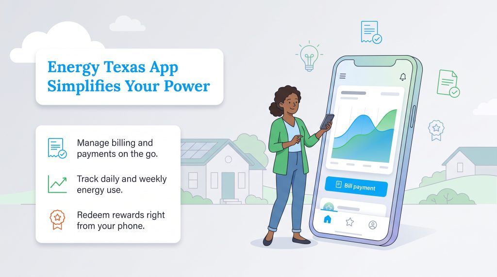 Woman using the Energy Texas mobile app to track usage and pay bills with houses in background
