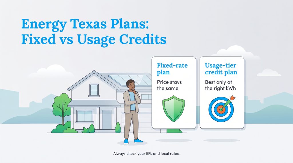 Graphic comparing Energy Texas fixed-rate plans and usage-tier credit plans.