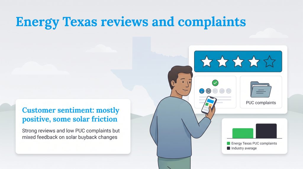 Graphic depicting strong ratings and low PUC complaints for Energy Texas