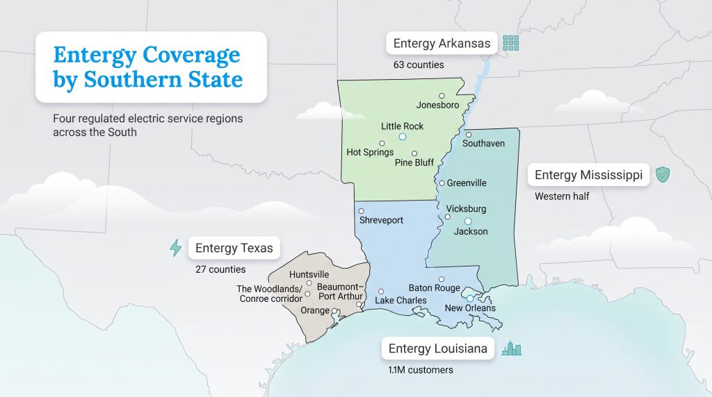 Map highlighting Entergy electric service areas in Arkansas, Louisiana, Mississippi, and Texas