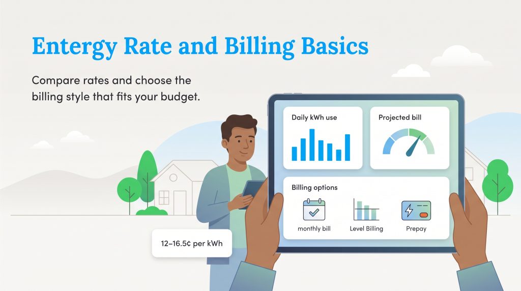 Illustration of a tablet displaying Entergy billing options and energy consumption charts
