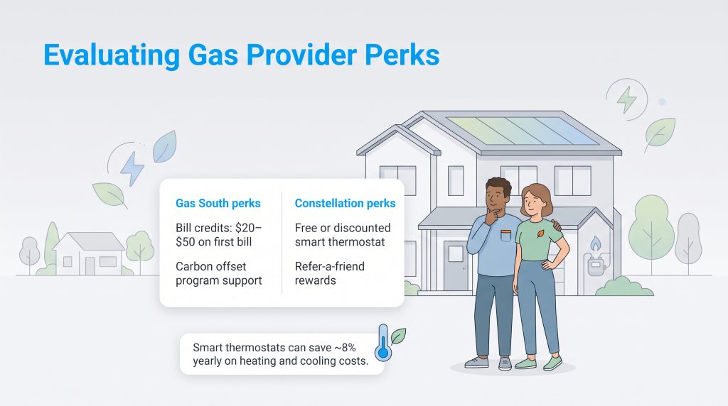 Infographic comparing perks of Gas South and Constellation natural gas providers.
