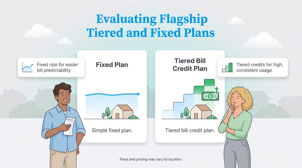 Graphic comparing fixed rate plans with tiered bill credit plans for home energy