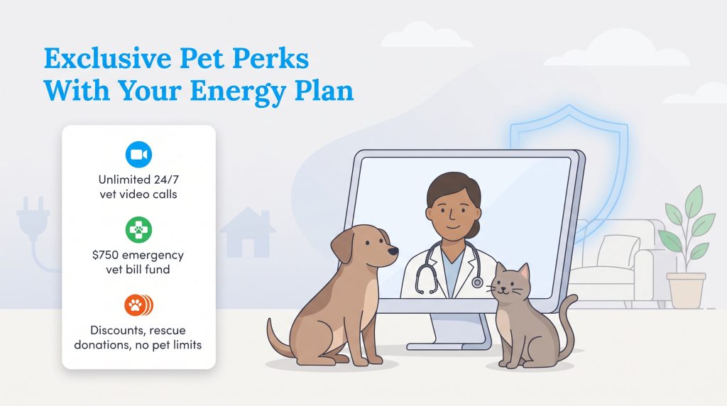 Graphic of pet perks including 24/7 vet video calls with a dog and cat in front of a monitor