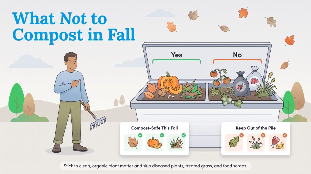 Infographic outlining safe and unsafe items for autumn composting.