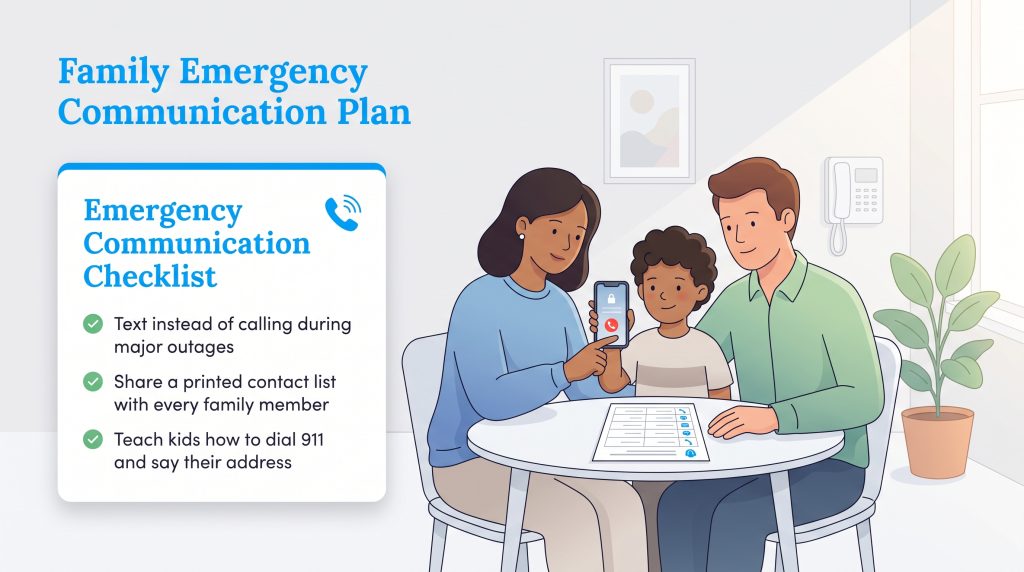 Family sitting at a table planning emergency communication steps with a checklist