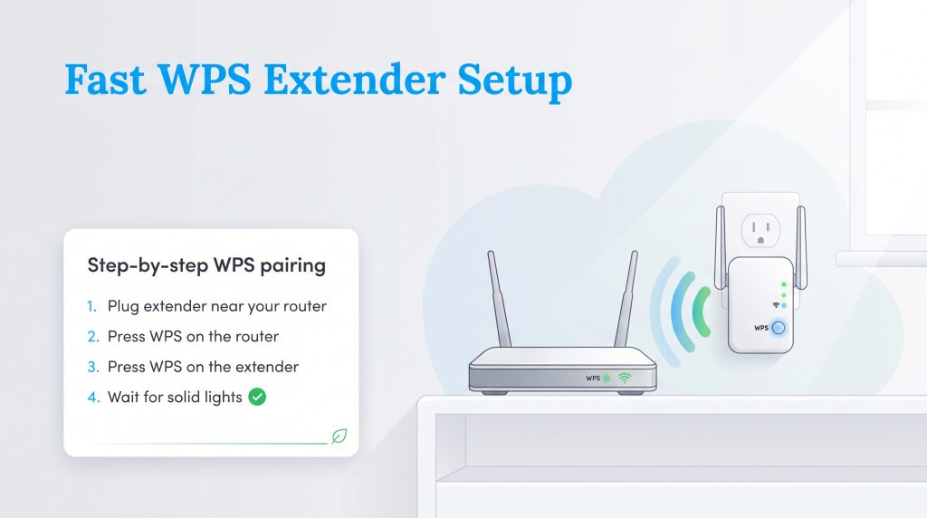 Illustration of step-by-step WPS pairing between a router and a Wi-Fi extender