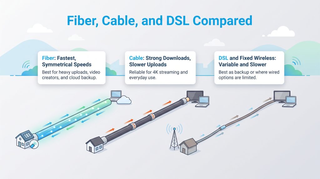 Infographic comparing speed and performance of fiber, cable, and DSL internet connections.