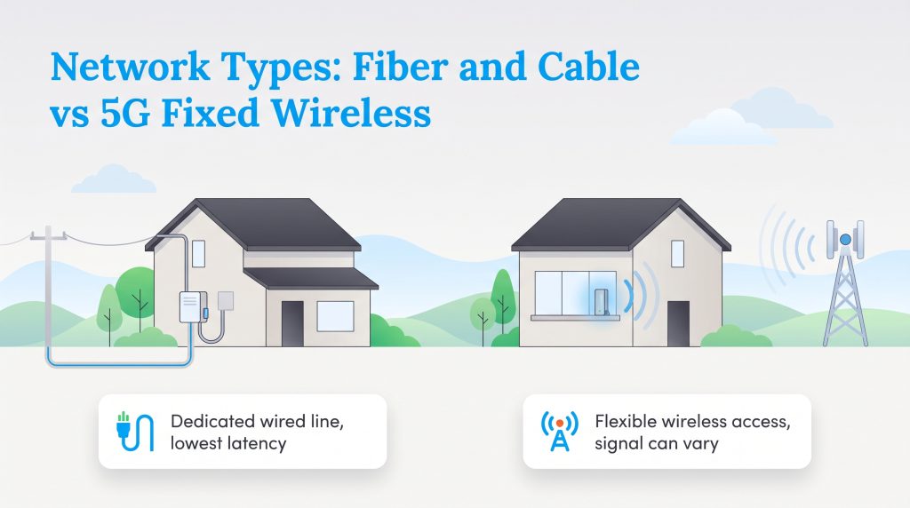 Illustration comparing wired fiber and cable with 5G fixed wireless internet connections