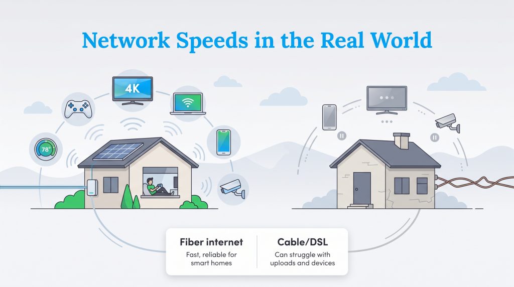 Comparison of fiber internet with strong connections versus cable or DSL with buffering devices.