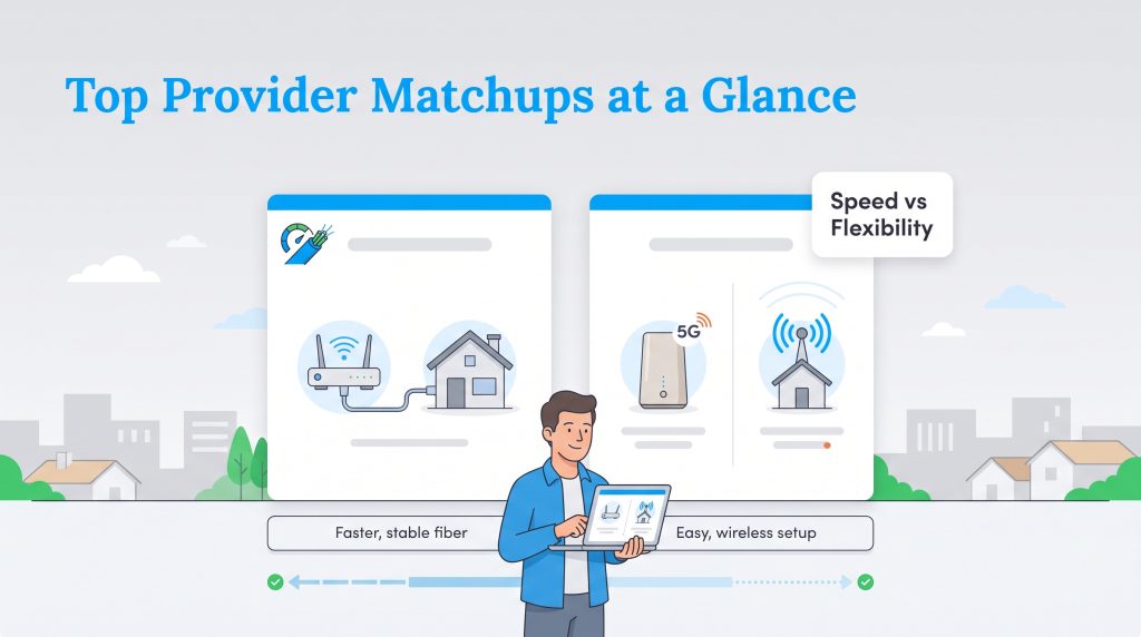 Graphic comparing fast stable fiber internet with easy-to-install 5G wireless home internet