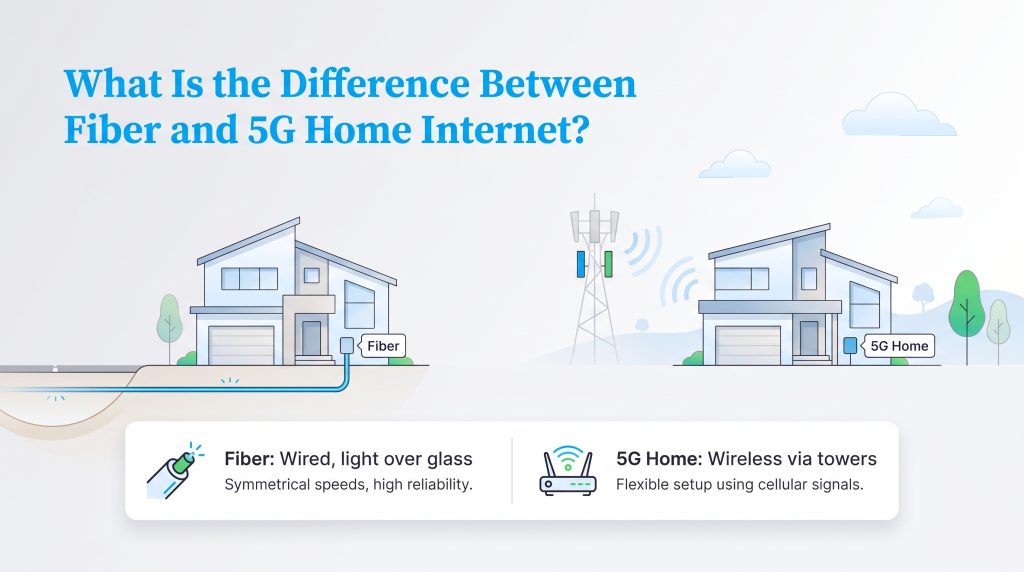Comparison of wired fiber internet and wireless 5G home internet connection methods.