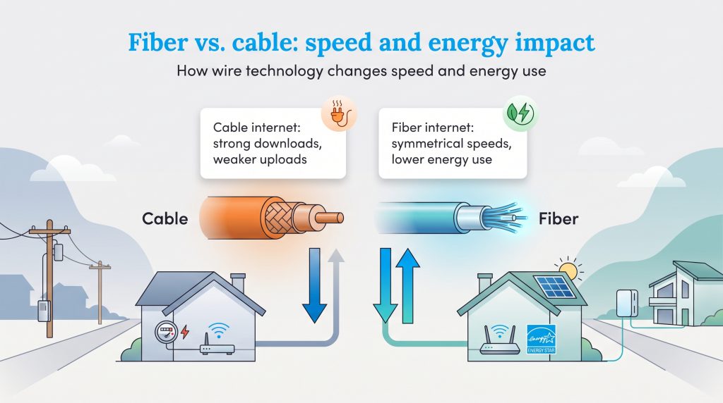 Illustration comparing cable internet asymmetric speeds and fiber internet symmetrical speeds