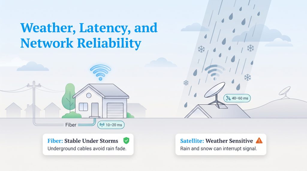 Comparison of fiber internet stability versus satellite during storms highlighting latency