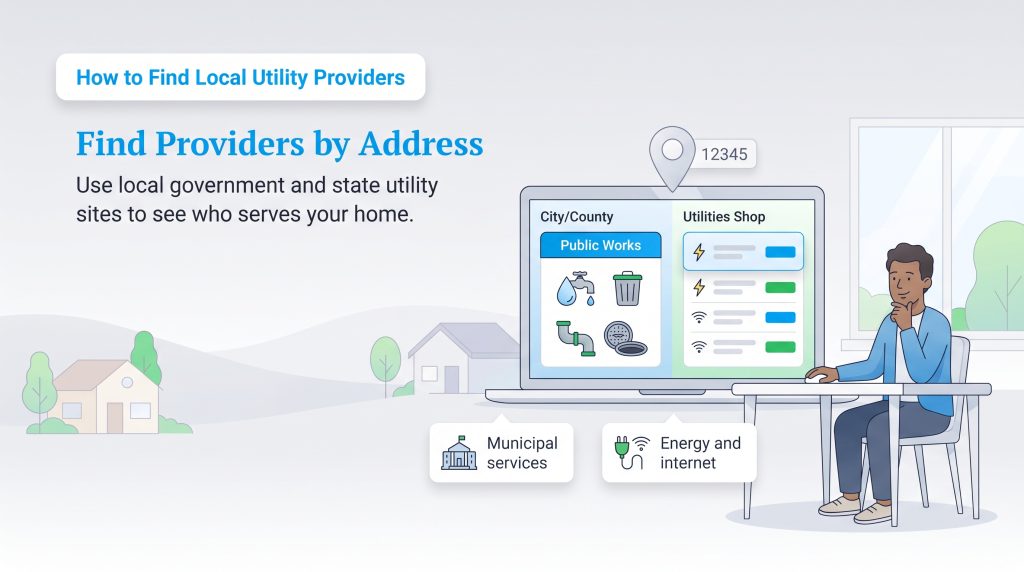 Man using a laptop to search for local municipal services, energy, and internet providers.
