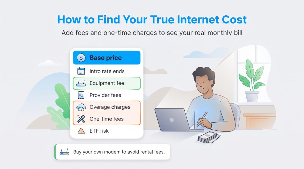 Graphic showing internet bill components including base price, fees, and one-time charges.