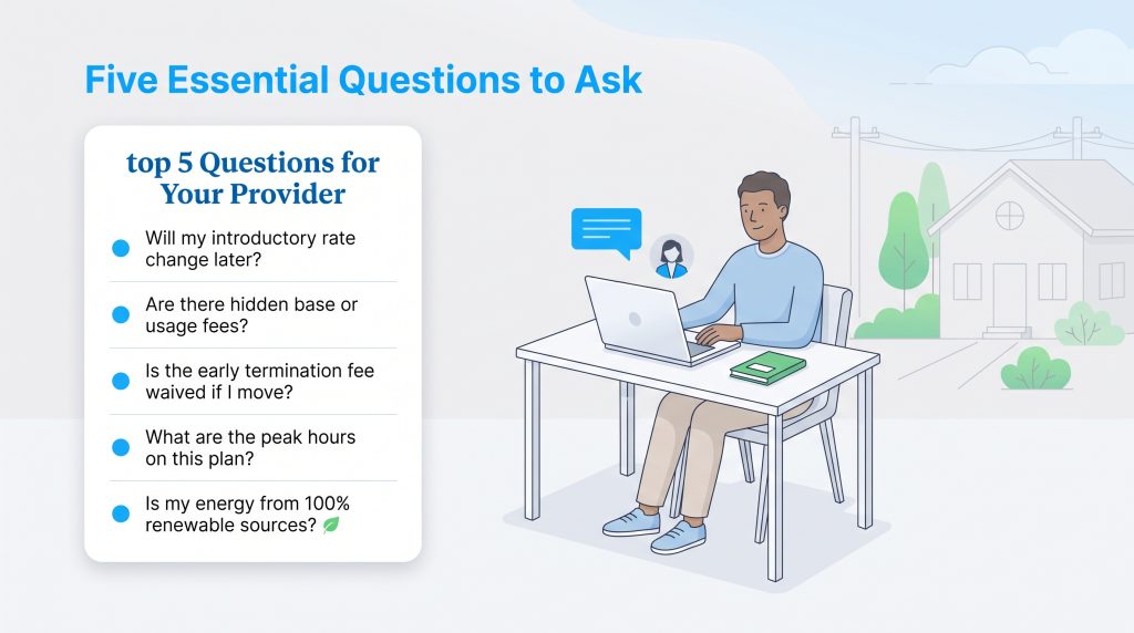 Man at a desk asking five essential questions to an energy provider on his laptop