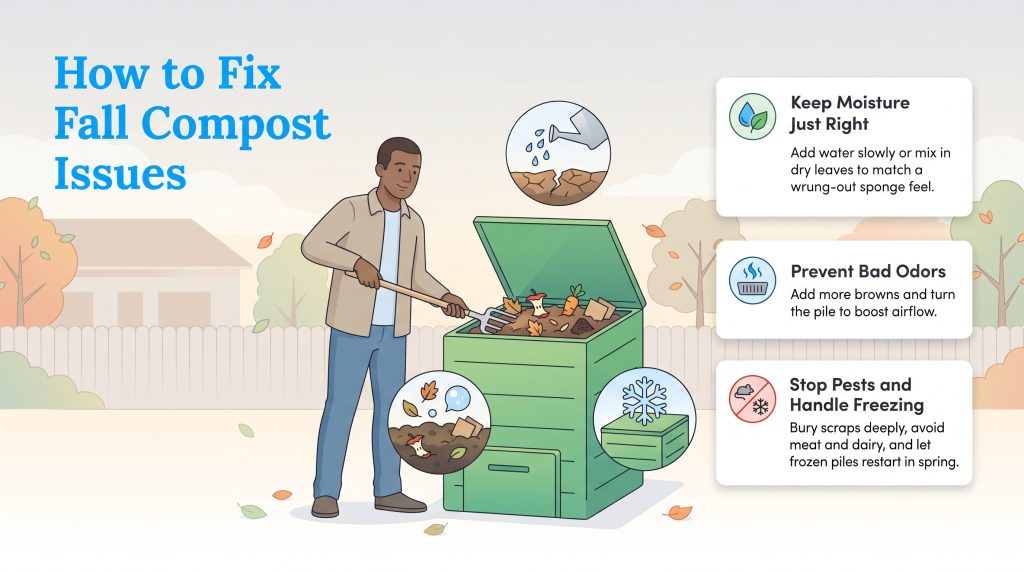 Infographic showing tips to fix fall compost issues like moisture, bad odors, pests, and freezing