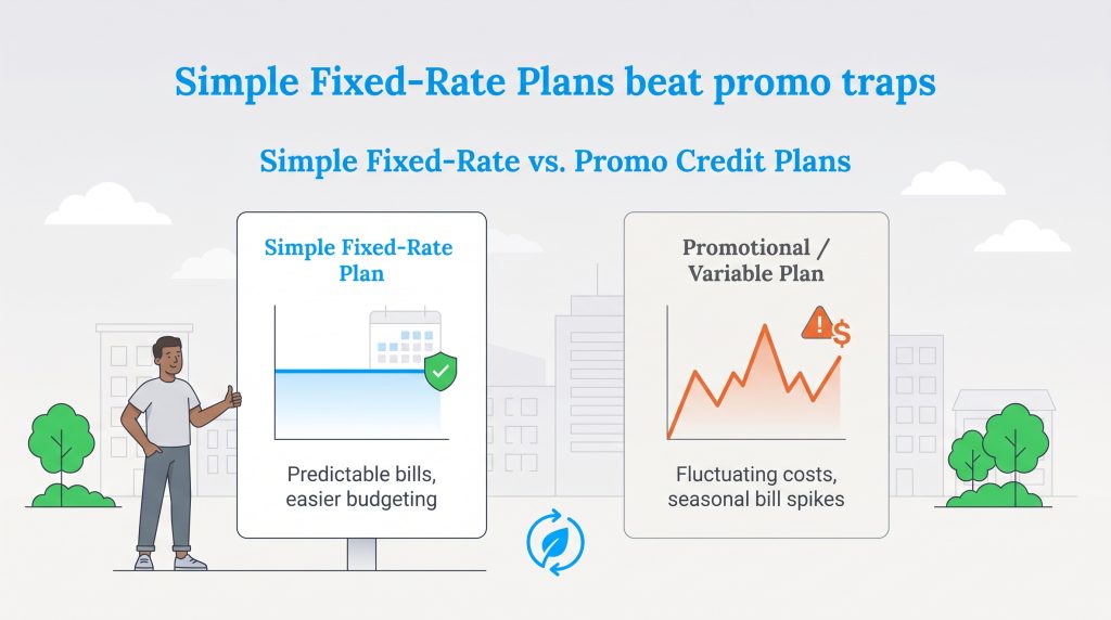 Comparison of simple fixed-rate plans with predictable costs versus fluctuating promotional plans
