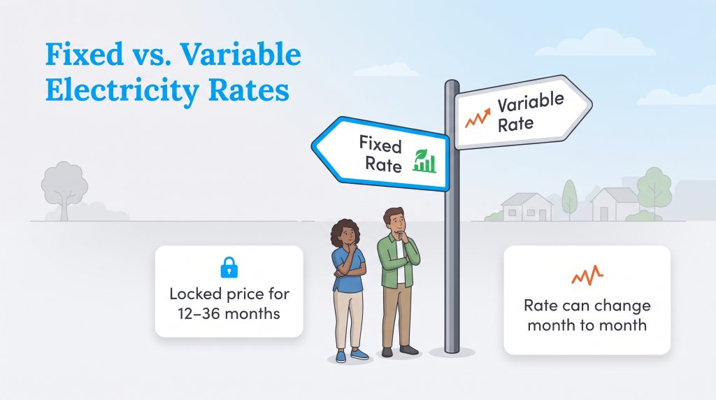 Graphic comparing locked-price fixed rate and changing variable rate electricity options
