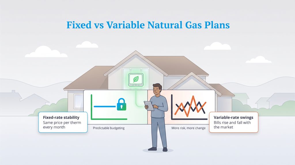 Comparison of predictable fixed-rate gas plans and fluctuating variable-rate plans.