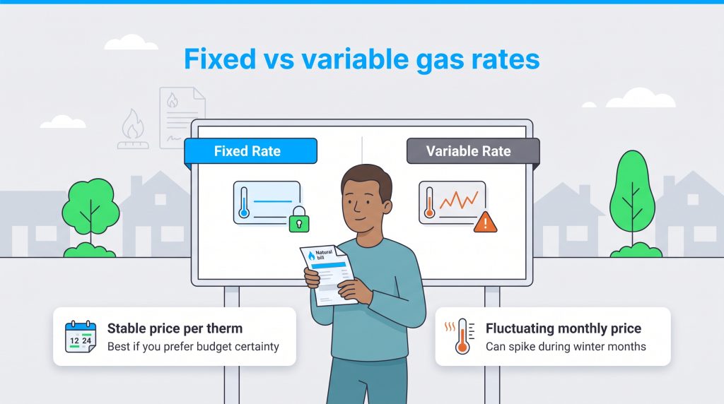 Illustration comparing fixed-rate stable gas prices to variable-rate fluctuating prices.