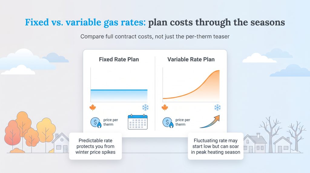 Chart comparing flat fixed-rate gas plans and variable-rate plans that spike in winter