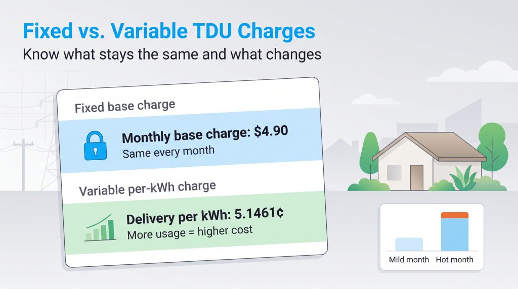 Graphic breaking down fixed versus variable TDU delivery charges for electricity.