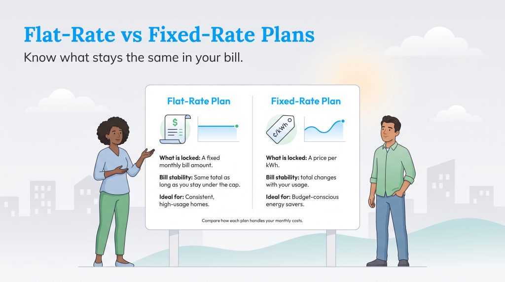 Chart comparing flat-rate versus fixed-rate electricity plans and their key benefits.