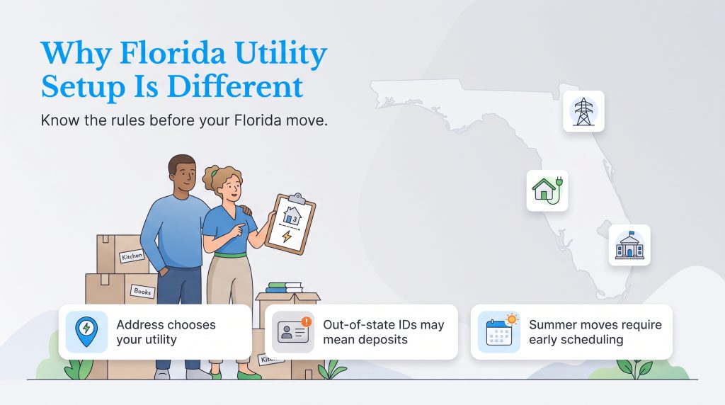 An infographic explaining the rules of setting up utilities in Florida.