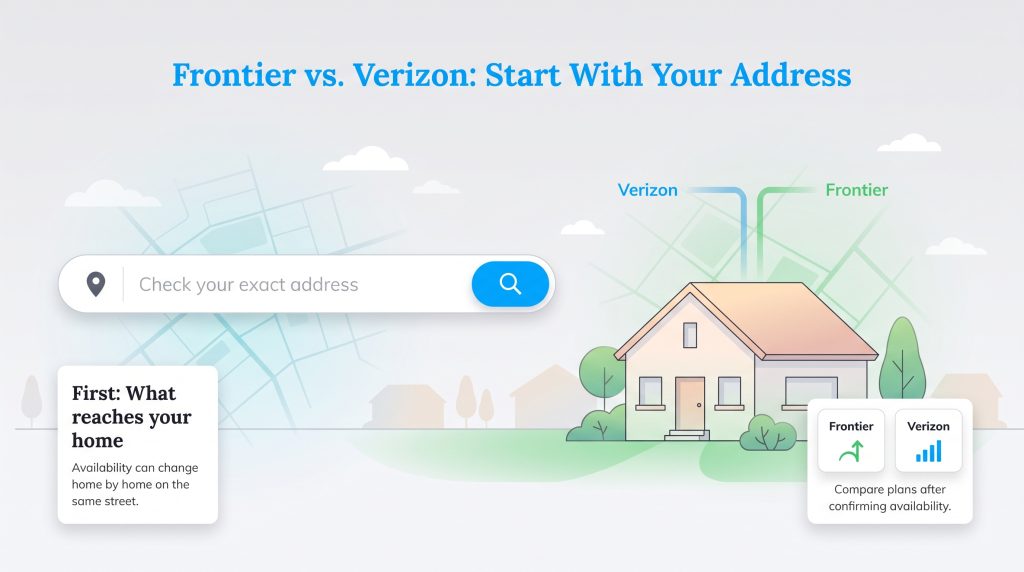 Illustration of a house with Verizon and Frontier lines next to an address search bar